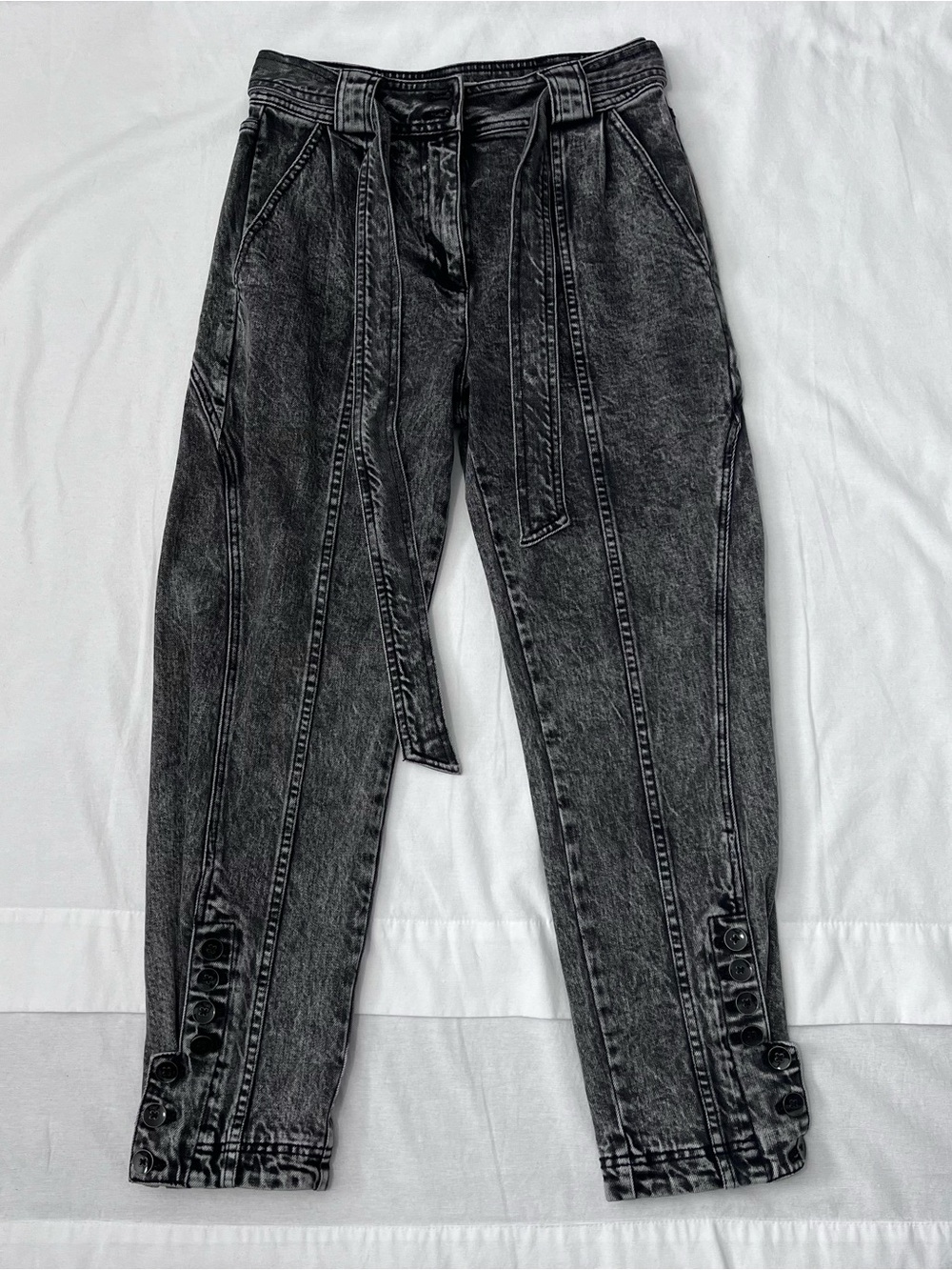 Ulla Johnson Carmen Acid Wash Tie Waist Tapered Jeans Black 4 Grunge Avant Garde